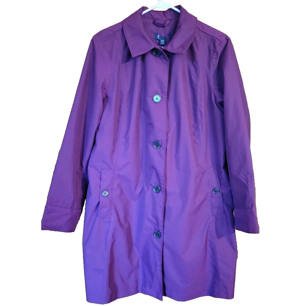 Lands End Women's L/P Petite Purple Lightweight Trench Coat Pockets Large Button